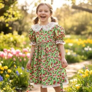 Vintage 90s Girls Tea Party Dress Baby Doll Collar Tulip Easter Dress Girl 6X